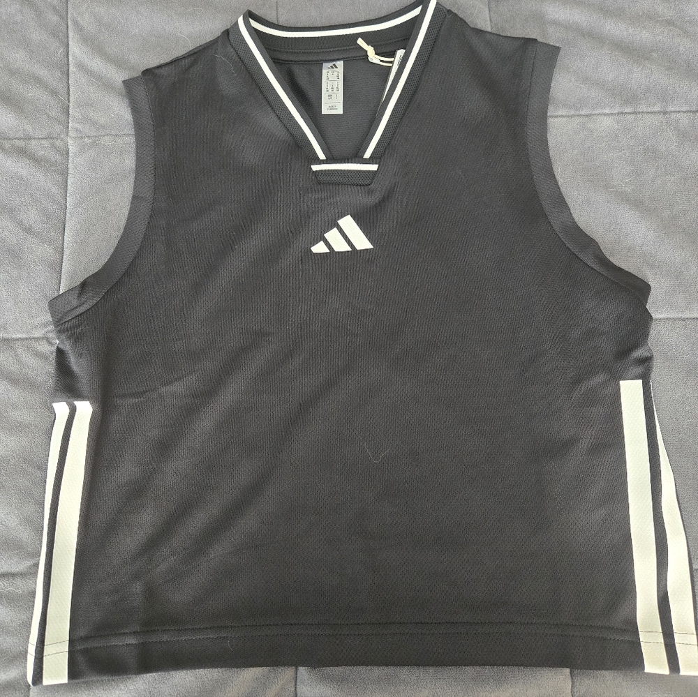 adidas Black Sleeveless Sports Tank with White Accent Stripes